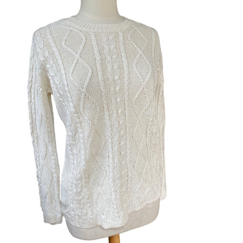 Country Store Cable Knit Linen Sweater Ivory Fisherman Coastal Grandma Beachy-S